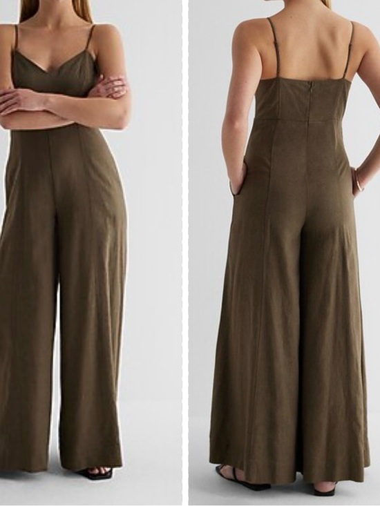 Express Pants - Women’s Olive Wide-Leg Jumpsuit with Spaghetti Straps